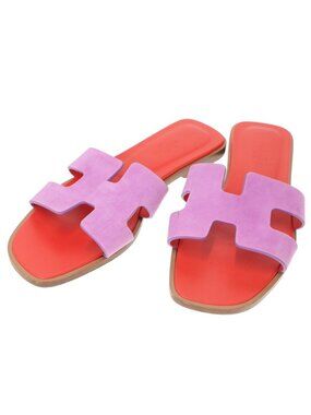 Hermes Oran Leather Sandals Purple Red